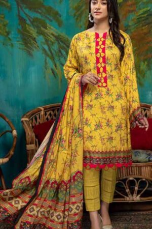 Printed Linen Yellow 3pcs Unstitched Suit