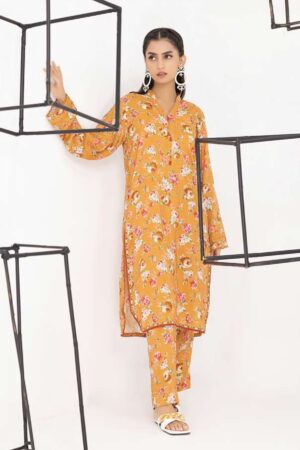 Printed Linen Orange 2pcs Unstitched Suit